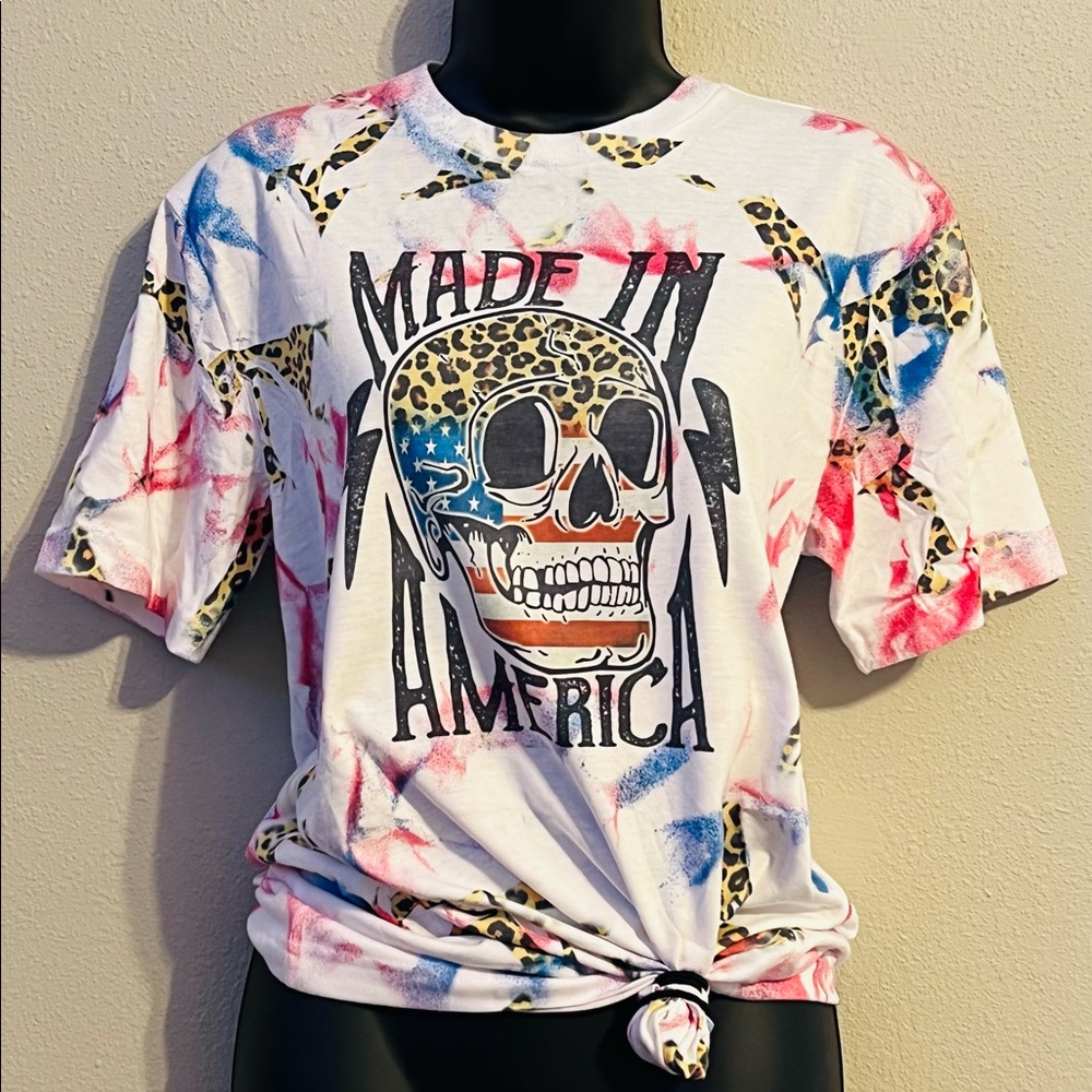 Made in America, Skull and Leopard Tie Dye 4th of July Shirt
